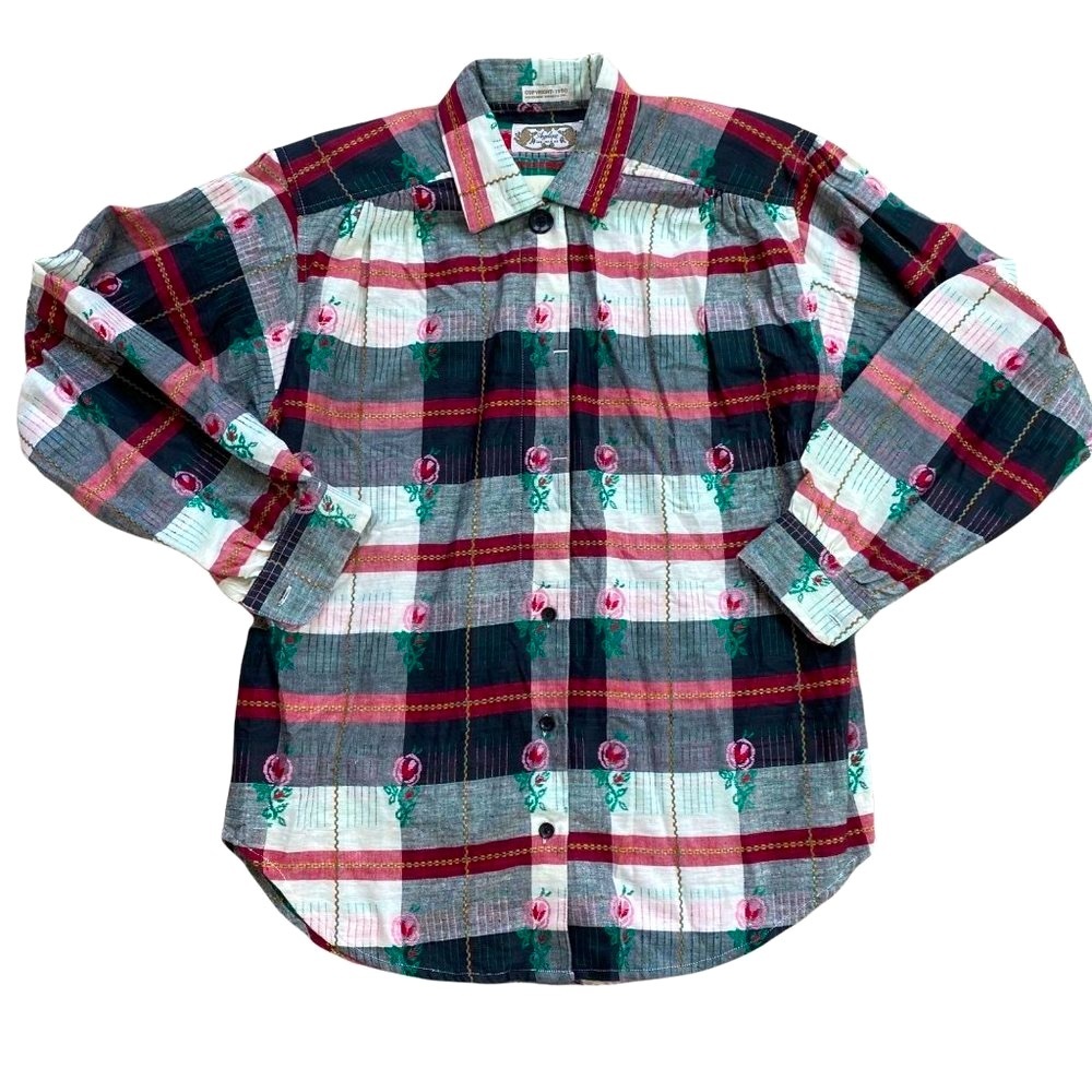 Vintage Angelique Shirt Embroidered Plaid Floral 90s Y2K Blouse Women Size Small